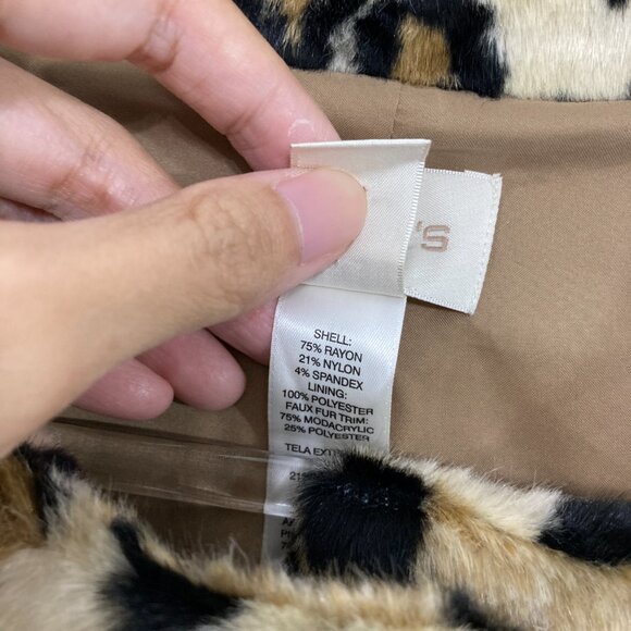 Chicos Swing Jacket Coat Size XL/3  Tan Leopard Print Faux Fur Collar Button - Picture 4 of 11